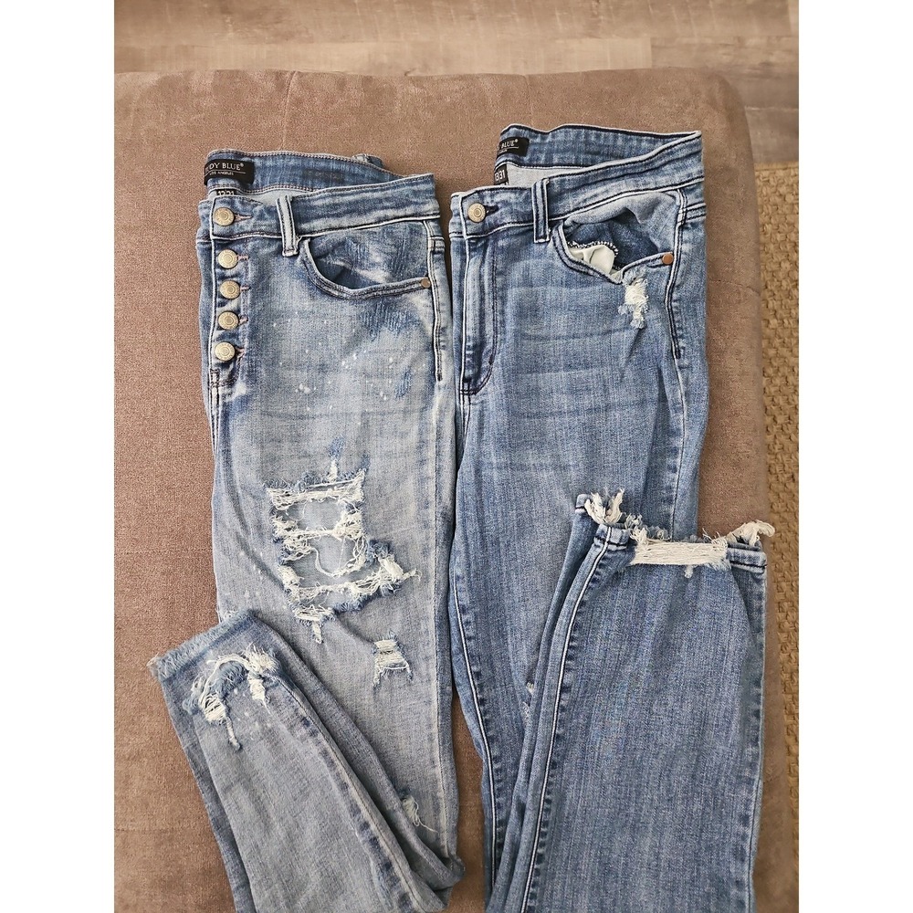 Lot of 2 Judy Blue Women's 13/31 High Rise Distressed Straight Leg Jeans